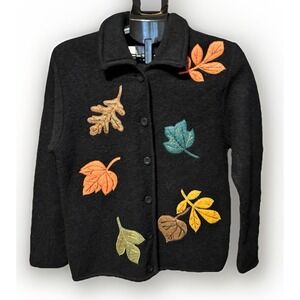 Vintage Lisa International Womens M Black 100% Boiled Wool Jacket Autumn Leaves